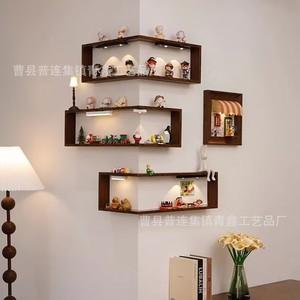 Wooden <b>Wall</b> <b>Mounted</b> Corner <b>Shelf</b> 90 Degree Solid Wood Display Rack For Living Room With Led Light Multi Layer Storage - Product Image 3