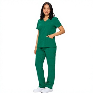 Ensemble de tenue médicale unisexe : Haut à col en V et manches courtes, pantalon jogger en tissu extensible avec détection d'aiguilles, pour usage hospitalier, en polyester - Product Image 1