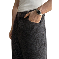 Jean en denim décontracté pour homme, coupe large, imprimé léopard, broderie ours, délavage moyen, taille mi-haute, tissé