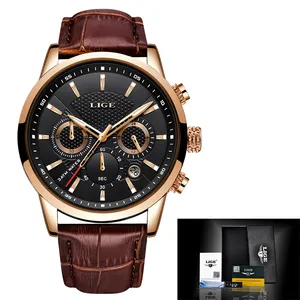 LIGE 9866 Brand Men's Luxury Business Watch Date Display Leather Strap Waterproof All Dial Work Working Fashion Quartz Watch