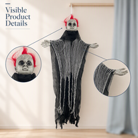 SIPKLR 47'' Fantôme squelette suspendu d'Halloween avec cheveux rouges style punk, accessoire effrayant pour la décoration extérieure de jardin et de maison hantée