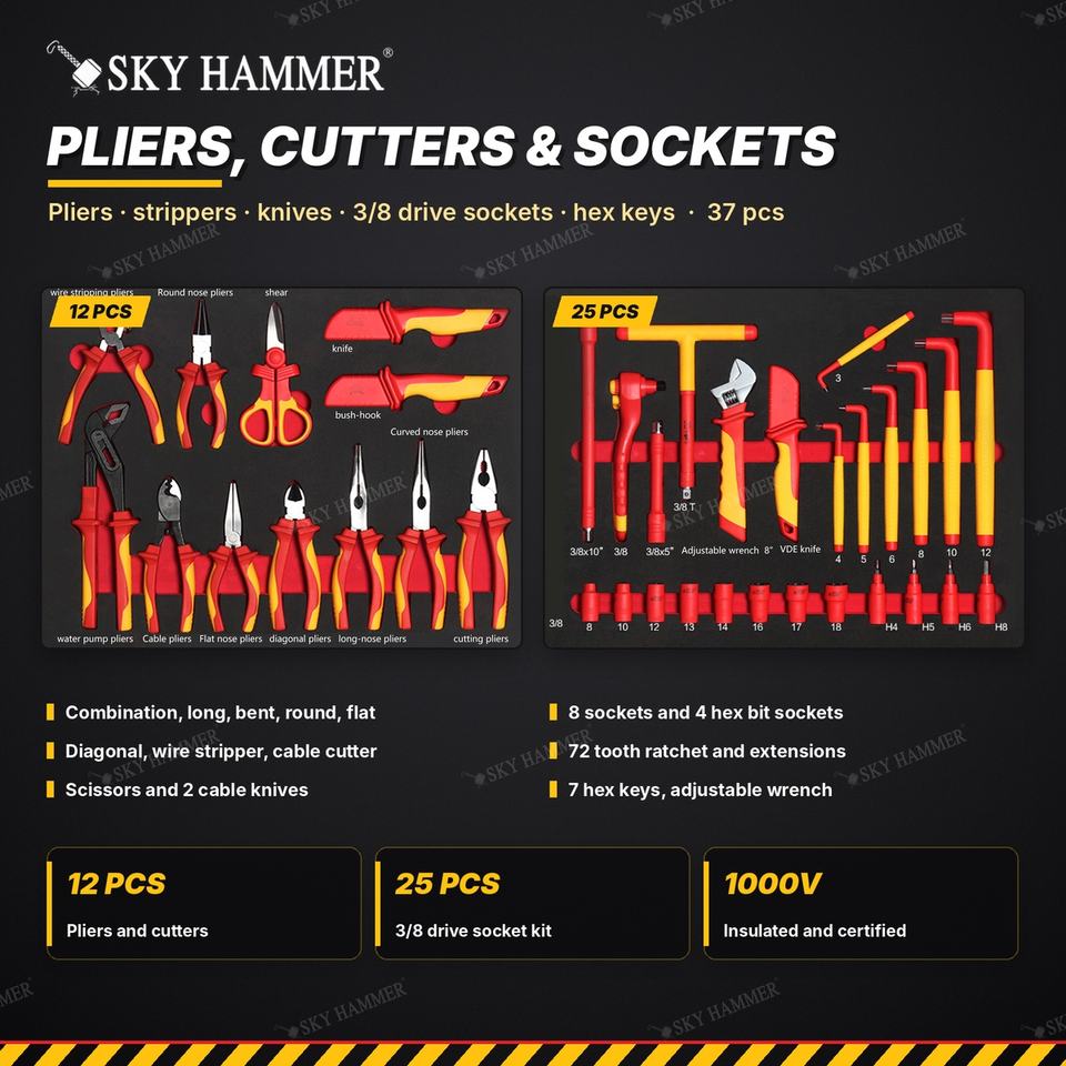 Utility Key Ring 87PCS 1000V Insulated Electrician Tool Set VDE GS 5 EVA Foam Trays ...