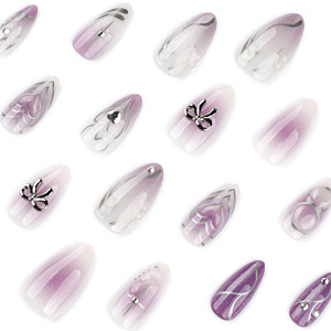 Unghie Finte Press-On Effetto Occhio di Gatto Sfumato Viola Chiaro con Fiocco 3D in Metallo, Cuore, Stella e Strass Lucidi, Forma a Mandorla, Stile Y2K, Riutilizzabili - Product Image 3