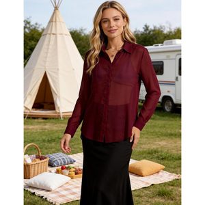 Camisa transparente de manga larga con botones para mujer, blusa holgada con cuello de malla, top para uso diario - Product Image 3