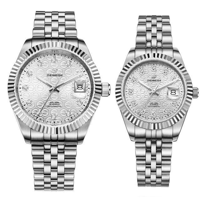 Zhen Mei Shi Couple Watches Gold MIYOTA Automatic Mechanical Analog King Queen Water Resistant 20ATM Diamond Stainless Steel