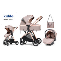 Poussette Kidilo Réversible et Haute de Gamme Trois-en-Un, Multifonctionnelle, Pliable avec Amortisseur, pour Nouveau-né, Housse en Lin pour Voiture, pour Enfants