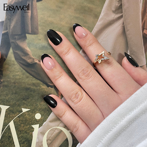 Easywell - Paquete de 30 <span class=keywords><strong>Uñas</strong></span> Postizas <span class=keywords><strong>Cortas</strong></span> Ovaladas, Color Negro con Punta Francesa, Acrílicas, Reutilizables, para Uso Diario - Product Image 1