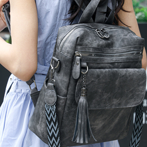 Sac à dos vintage personnalisé pour femme en cuir PU, multi-poches, fermeture éclair, sac à dos décontracté pour femme, sac de voyage quotidien avec pompon, OEM ODM - Product Image 2