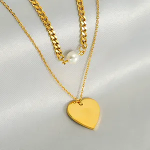 Fine Women's Stainless Steel Necklace Double-layer Chain Pearl Heart-shaped 18K Gold-plated Luxury Necklace