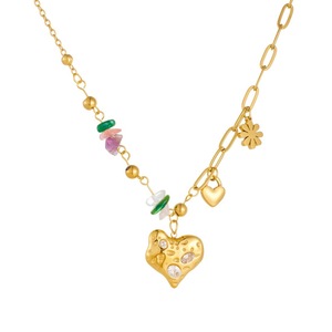 Heart-Shaped Diamond Pendant Gold Plated Stainless Steel Chain Necklace With Gemstone Beads For Daily Wear Gift - Product Image 5