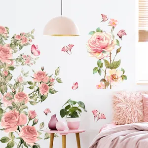 New Design Pink Roses Wall Decal Blooming Flowers Stickers Romantic Bedroom Wallpaper Self Adhesive Living Room Murals