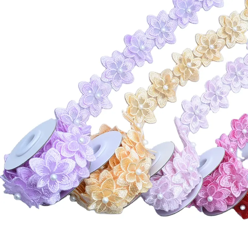 Kain Kerajinan Rok Wanita Diy Potongan Renda Bordir Jala Lapisan Ganda 6 Bunga Buatan Tangan Grosir Renda Mutiara Organza Bunga 3D