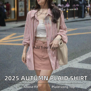 Camisa Larga de Mujer con Logo Frontal, Estilo Europeo Americano, a Cuadros, Casual, Nueva Colección Otoño 2025 - Product Image 1