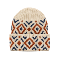 Topi rajutan beanie rajutan geometris jacquard ODM dengan manset rajutan bergaris, hangat dan nyaman, untuk distributor dan pembeli grosir