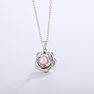 <b>Copper</b> 3D Rose Flower Freshwater Pearl Pendant Necklace Sculptured Petal Romantic Bridal Jewelry Gift for Women - Product Image 3