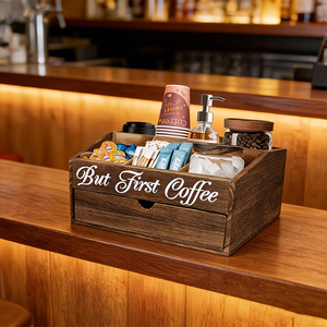 Accessoires de bar en bois à 2 niveaux avec tiroir, station à <span class=keywords><strong>thé</strong></span> et condiments style farmhouse, conteneur en bois pour le stockage des grains de café - Product Image 5