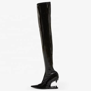 Custom Teeth Shape Wedge Heels Women's Skintight Over Knee Boots Pointed Toe Patent Long Booties Thigh High <b>Shoes</b> - Product Image 3