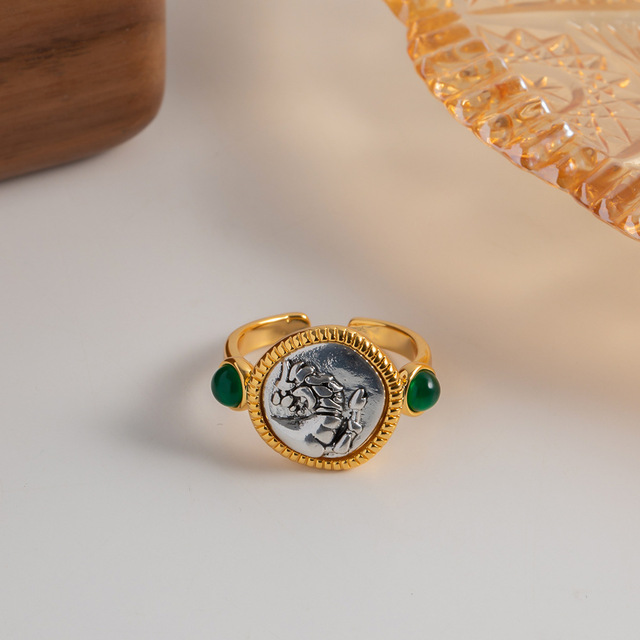 Classic French Chic Monster Surface Delicate Green Cat Eyes 18k Real Gold Plated Brass Opening Rings