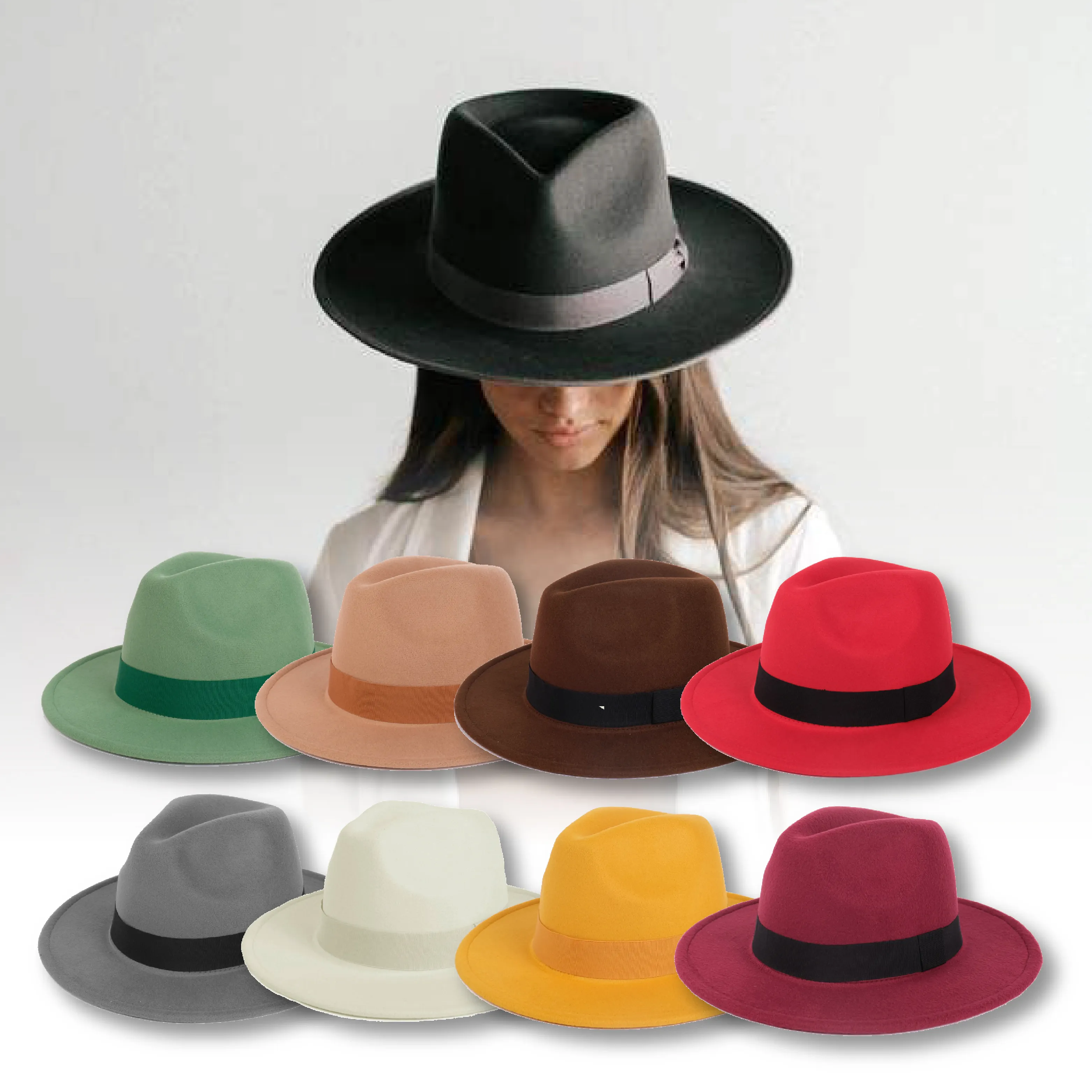 Chapéus de feltro coloridos, chapéus femininos elegantes com fita