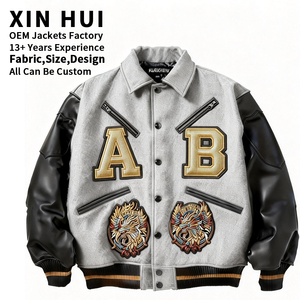 Custom Embroidery Men's Single Breasted Winter Varsity <b>Jacket</b> High Quality Canvas Body Streetwear College Bomber <b>Jacket</b> - Product Image 1