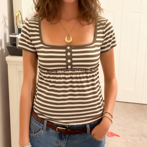 เสื้อยืดผู้หญิงฤดูร้อนลำลองคอเหลี่ยมปุ่มด้านหน้าเอ-ไลน์ลายทางแขนสั้นเสื้อสาวหวาน - Product Image 6