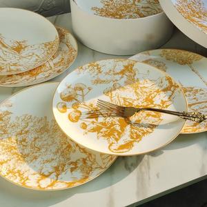 Plato de cena de porcelana de hueso de lujo europeo amarillo, juego de cena exquisito - Product Image 3
