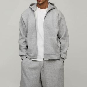 Men Heather Grey Baggy Sweatsuit Set Cropped <b>Full</b> <b>Zip</b> <b>Hoodie</b> And Wide Leg Calf Length Sweatpants Men 2 Piece Casual Tracksuit - Product Image 4