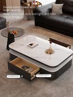 Table basse rectangulaire de style italien de luxe léger avec plateau en roche et tiroirs de rangement en bois massif pour salon