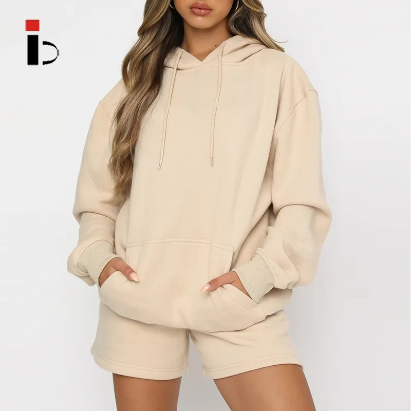 Women sportswear high quality cotton fleece custom women hoodie with shorts 2 piece set