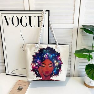 Wholesale African <b>Black</b> Girl Art Print Shoulder Handbags Custom Logo Fun Cartoon Pattern <b>Canvas</b> Tote <b>Bag</b> with Rope Handle - Product Image 5