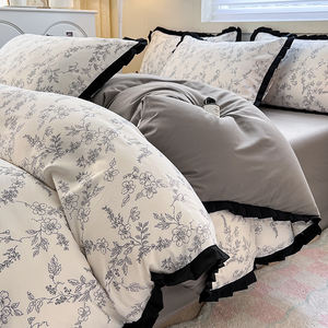Franse Stijl Beddengoed Set Zwart Kant Dekbedovertrek Set Drop Shipping Gewassen Stof Bloem Hot Sleeper Vier Seizoenen Koreaans Beddengoed - Product Image 3