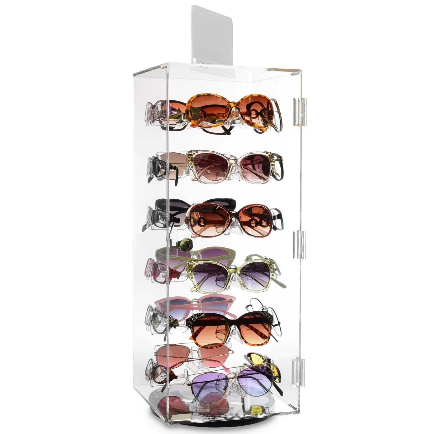 Customized 24 Frames Acrylic Sunglasses Display Stand Security Lock Rotating Eyewear Case With Top Mirror