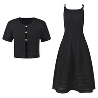 Metall-Schnalle Ausgehöhlter O-Ausschnitt Kurzarm-Cardigan Passend zu A-Linien-Trägerkleid Elegantes Strick-Zweiteiler-Set für Damen