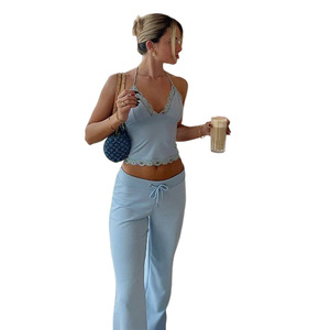 2024 primavera nuevo encaje hasta Halter Sexy Sling Color sólido pantalones casuales conjunto de dos piezas para mujeres - Product Image 5
