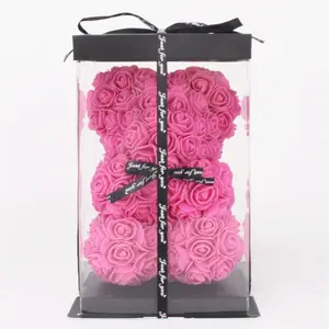 Vente en gros de cadeau de Noël et de la Saint-Valentin 25cm savon PE conservé rose fleur ours en peluche rose avec coffret cadeaux pour maman femme