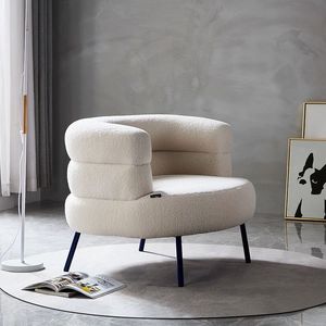 Fauteuil pouf rond en laine d'agneau style bohème, couleur crème, pour salon, chambre, dressing, chaise de maquillage - Product Image 1