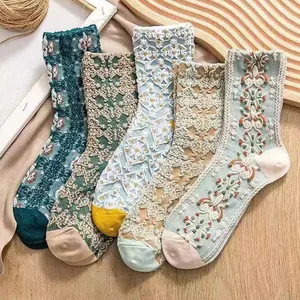 5 pares de meias baratas femininas com design de tripulação, novidade da moda, meias confortáveis para mulheres e meninas, atacado