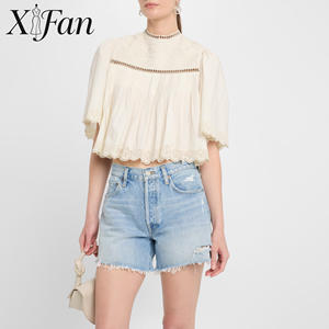 Blusa Corta de Verano Personalizable para Mujer, Blusa Casual Plisada, Elegante Blusa de Algodón Bordada con Cuello Redondo y Manga Corta para Mujer - Product Image 1