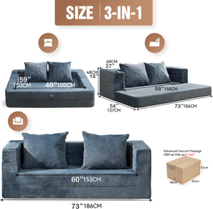 3-in-1 Modular Foldable Modern <b>Sleeper</b> <b>Sofa</b> Short Faux Fur Armrests Memory Foam Convertible Living Room - Product Image 2