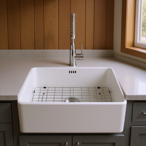 Évier de cuisine en céramique blanc style ferme, cuve unique, 28 pouces, à encastrer avec grille inférieure et ensemble de vidange - Product Image 2