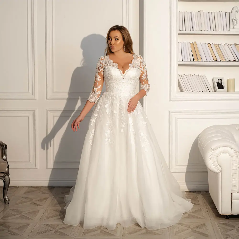 ON446 Modest Wedding Dress V Neck 3/4 Lace Sleeves Applique A Line White/ Ivory Tulle Bridal Gown Wedding Dresses Plus Size
