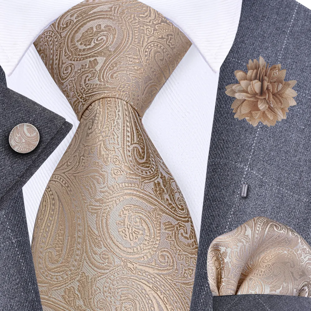 8cm Fashion Gold Jacquard Men's Ties Wedding Party Groom Pocket Square Cufflinks Brooch Pin Set Silk Gravatas Gift for Men