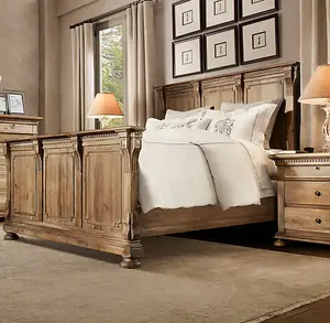 2024 Высококачественная французская гостиничная мебель для спальни, однотонная деревянная кровать размера «King-Size» на платформе