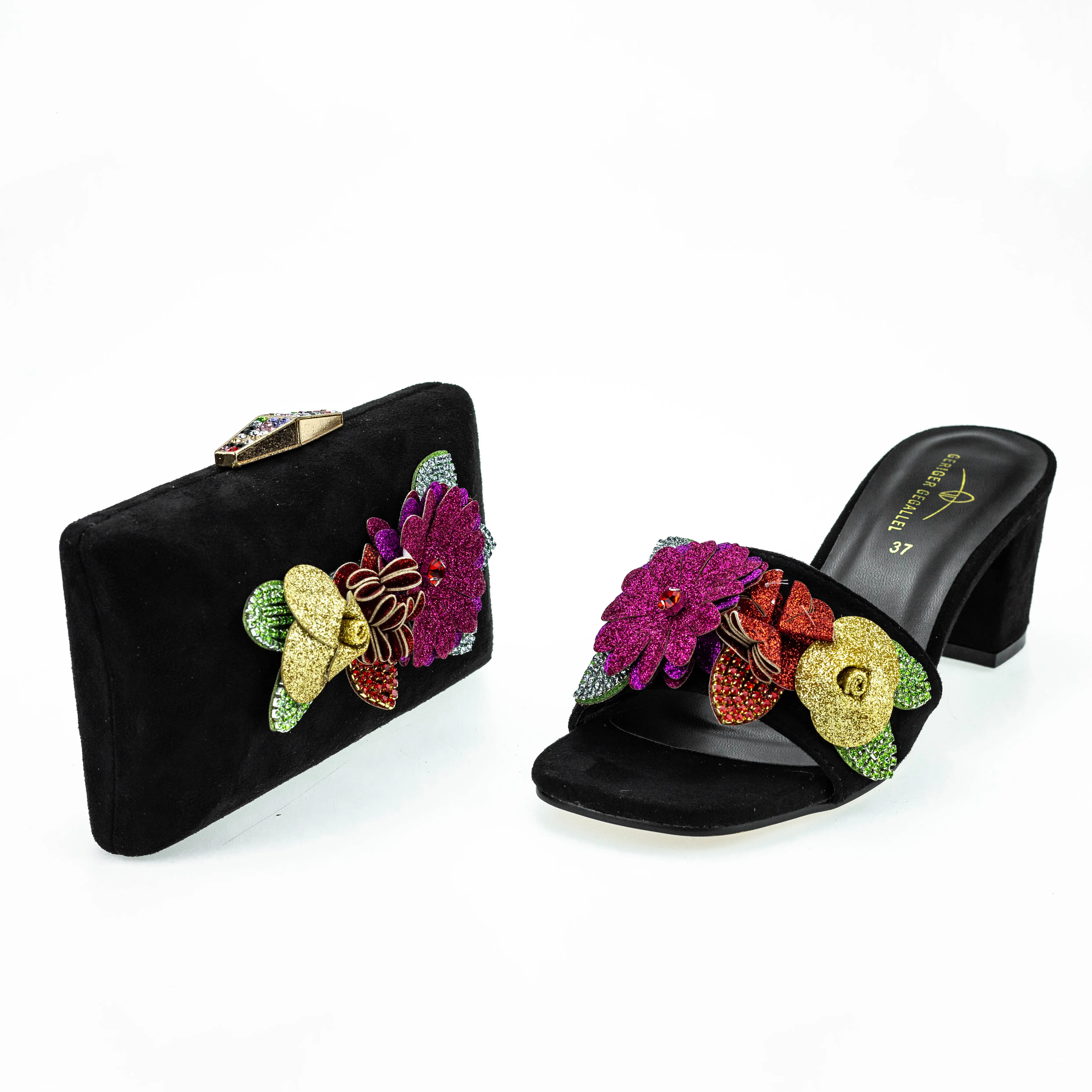 OEM 2021 Latest Floral Design Italian Woman Black Chunky Heel Sandal Shoes Mules Flat Heeled Sandals For Nigeria Party