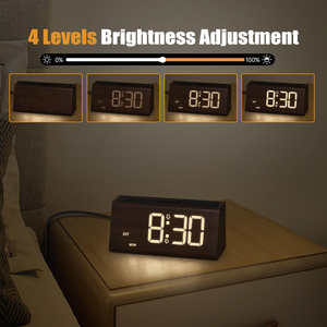 Horloge numérique en bois avec affichage à grands chiffres, 4 niveaux de luminosité réglables, alarme puissante jusqu'à 95 dB, alimentation par prise secteur, fonction snooze de 5 minutes, facile à utiliser - Product Image 5