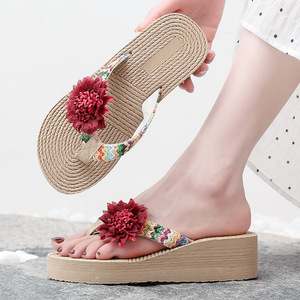New Summer Imitation Hemp Rope Floral Flip Flops Thick Wedge Sole Casual Beach <b>Slippers</b> For Outdoor Wear Women - Product Image 3