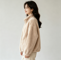 Blouson bomber en sherpa tissé uni pour femme - Fausse fourrure décontractée avec col montant