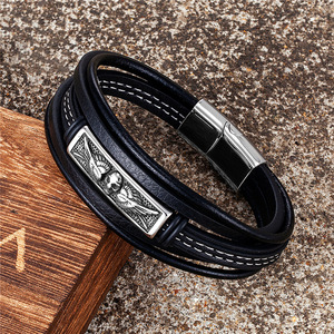 Bracelet en cuir multicouche style punk sombre pour homme avec fermoir magnétique en forme d'ailes de crâne, bijoux vintage en acier inoxydable, 19 cm, 21 cm, 23 cm - Product Image 1