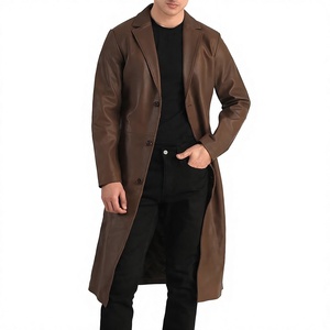 <b>Men's</b> Genuine <b>Leather</b> Eco-Friendly Breathable Waterproof Mandarin Collar Double Breasted <b>Long</b> Winter Overcoat Filled 320g Button - Product Image 1