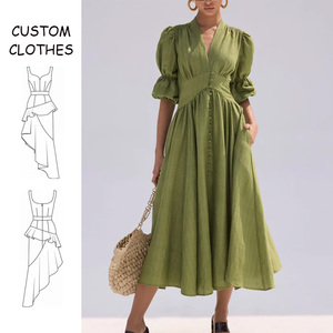 <span class=keywords><strong>Robe</strong></span> longue d'été Vintage personnalisée pour femmes 100% lin pur A-ligne col en V demi-manches courtes bouffantes solide fente bouton de couleur verte - Product Image 1